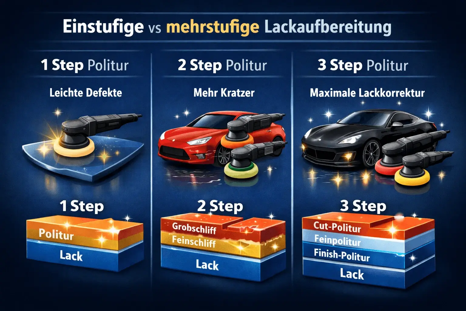 Verschiedene Politurverfahren im Überblick – 1-stufige, 2-stufige und 3-stufige Lackaufbereitung