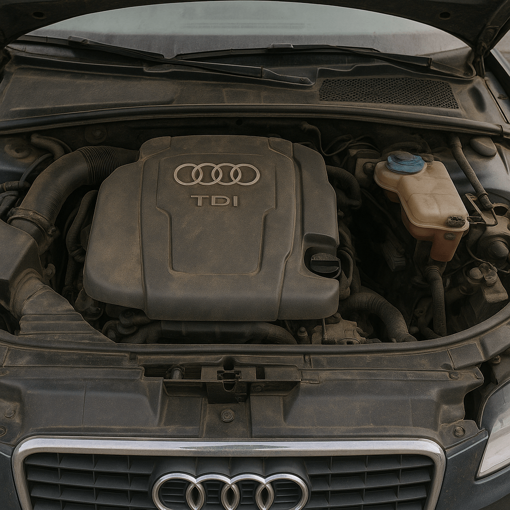 Mittelstark verschmutzter Audi-Motorraum vor Leasingrückgabe – Staub und leichte Ablagerungen sichtbar