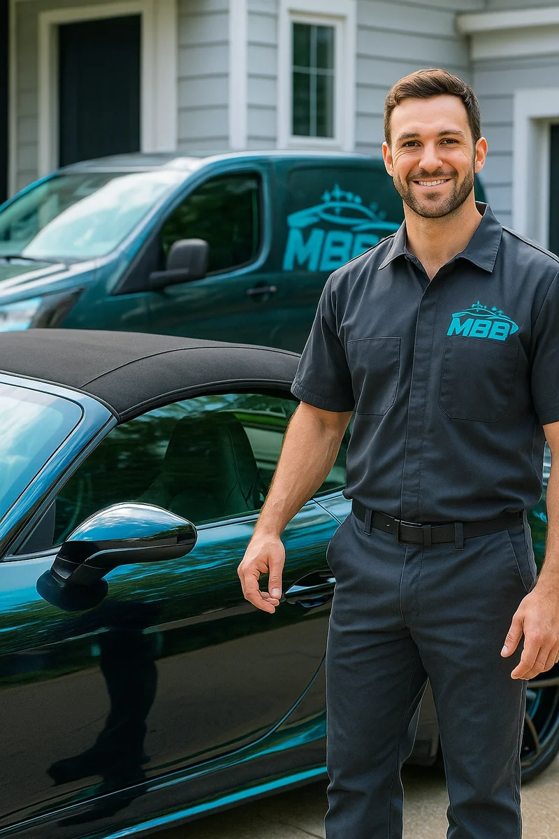 MBB Hol- und Bringservice: Mitarbeiter mit Firmenlogo holt Cabrio mit geschlossenem Stoffverdeck ab