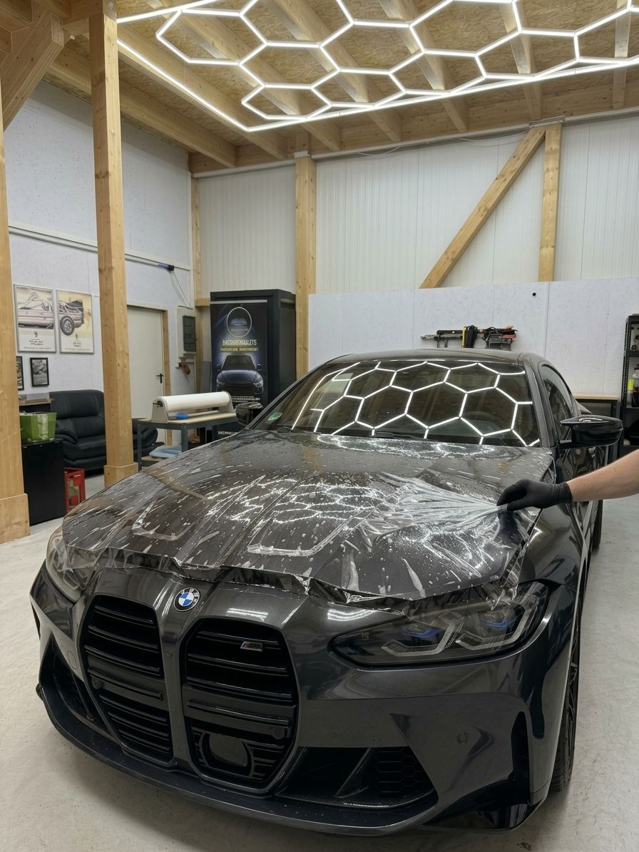 Klare XPEL Lackschutzfolie wird auf die Motorhaube eines BMW M4 aufgebracht