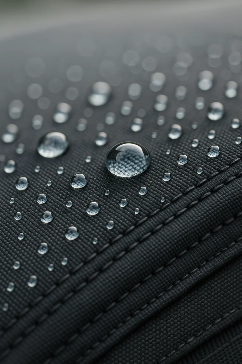 Frisch imprägniertes Cabrio-Stoffverdeck mit starkem Abperleffekt und sichtbaren Wassertropfen
