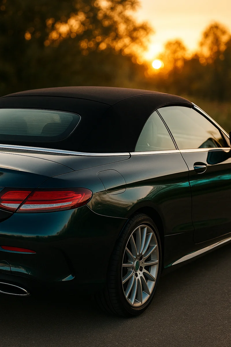 Gepflegtes Cabrio mit geschlossenem Stoffverdeck im Abendlicht nach professioneller Verdeckreinigung