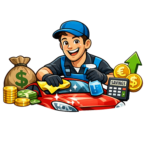 Professioneller Fahrzeugaufbereiter reinigt Firmenautos