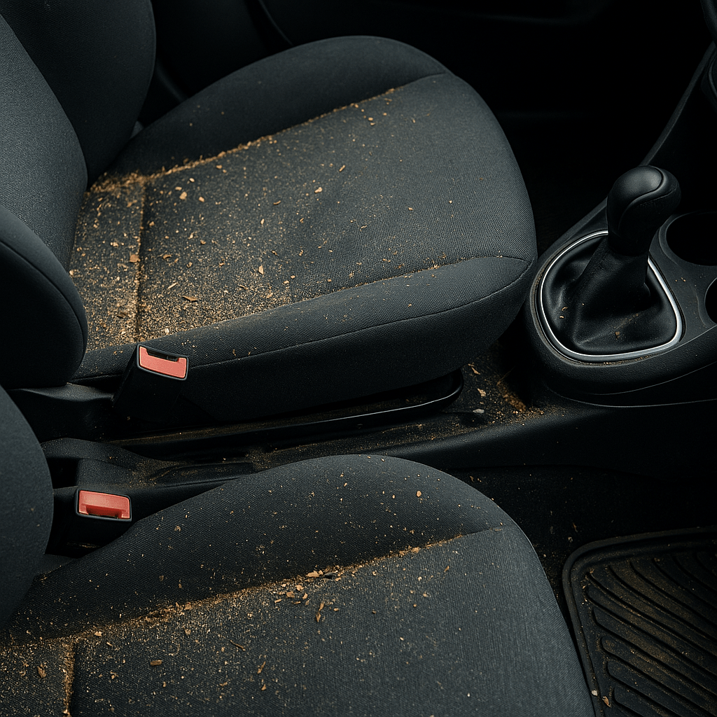 Verschmutzter Fahrzeuginnenraum mit Müll auf dem Beifahrersitz und verschmutzten Fußmatten