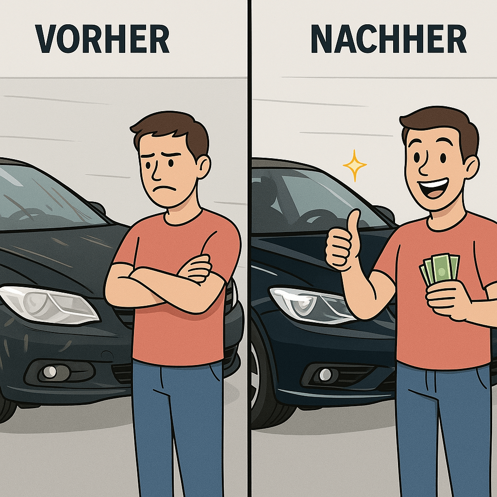 Fahrzeugaufbereitung Vorher-Nachher: Schwarzes Auto ungepflegt vs. aufbereitet für besseren Verkauf