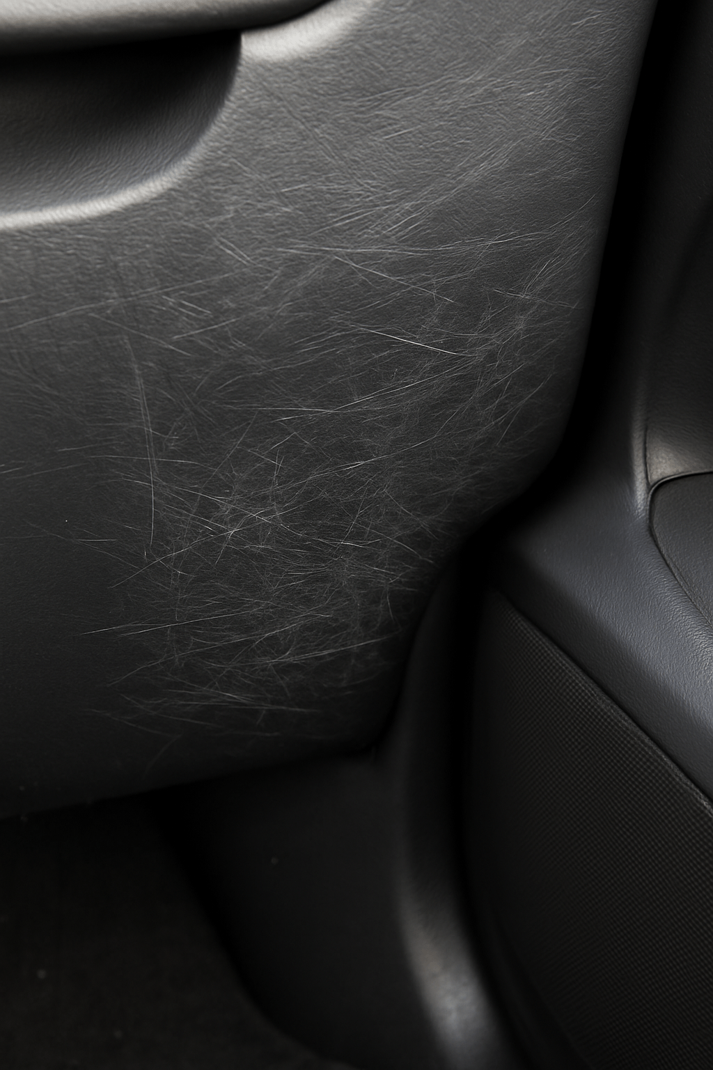 Stark zerkratzte Kunststoffverkleidung im Innenraum eines Fahrzeugs – typische Gebrauchsspuren vor der Leasingrückgabe