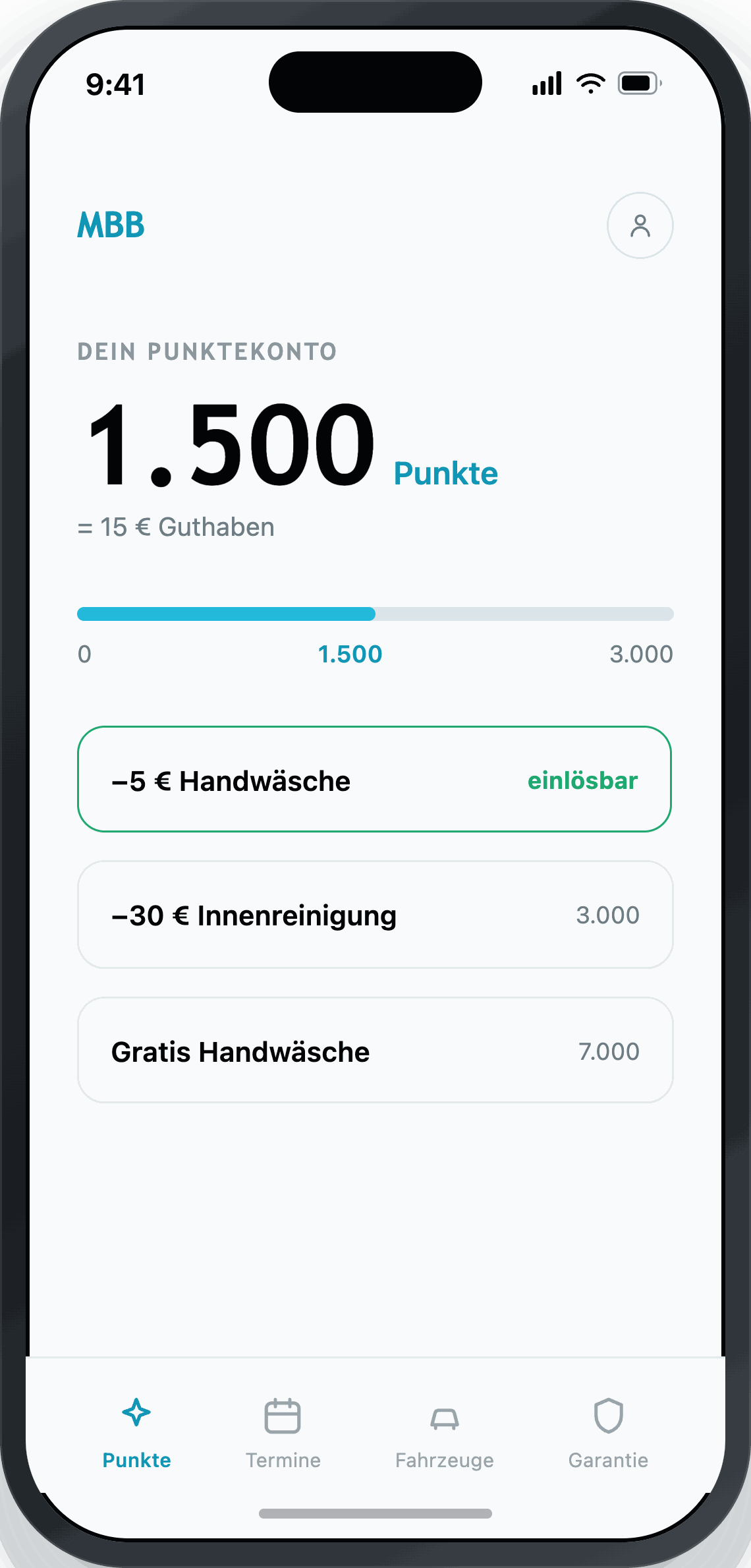 MBB App auf dem Handy: Punktekonto mit 1.500 Punkten