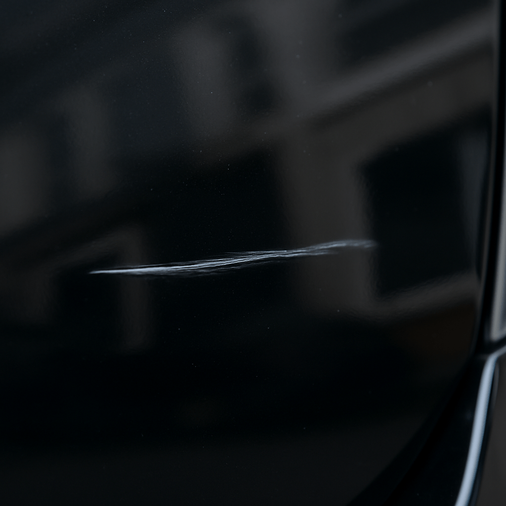 Oberflächlicher Kratzer im Lack eines schwarzen Fahrzeugs – typischer Schaden bei Leasingrückgabe