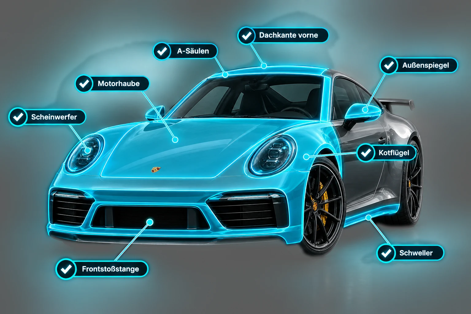 Front-Paket Erweitert: zusätzlich A-Säulen, Dachkante vorne und Schweller am Porsche 911