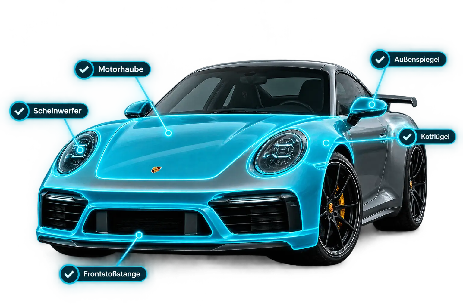Front-Paket Lackschutzfolie: Motorhaube, Kotflügel, Frontstoßstange, Außenspiegel und Scheinwerfer am Porsche 911