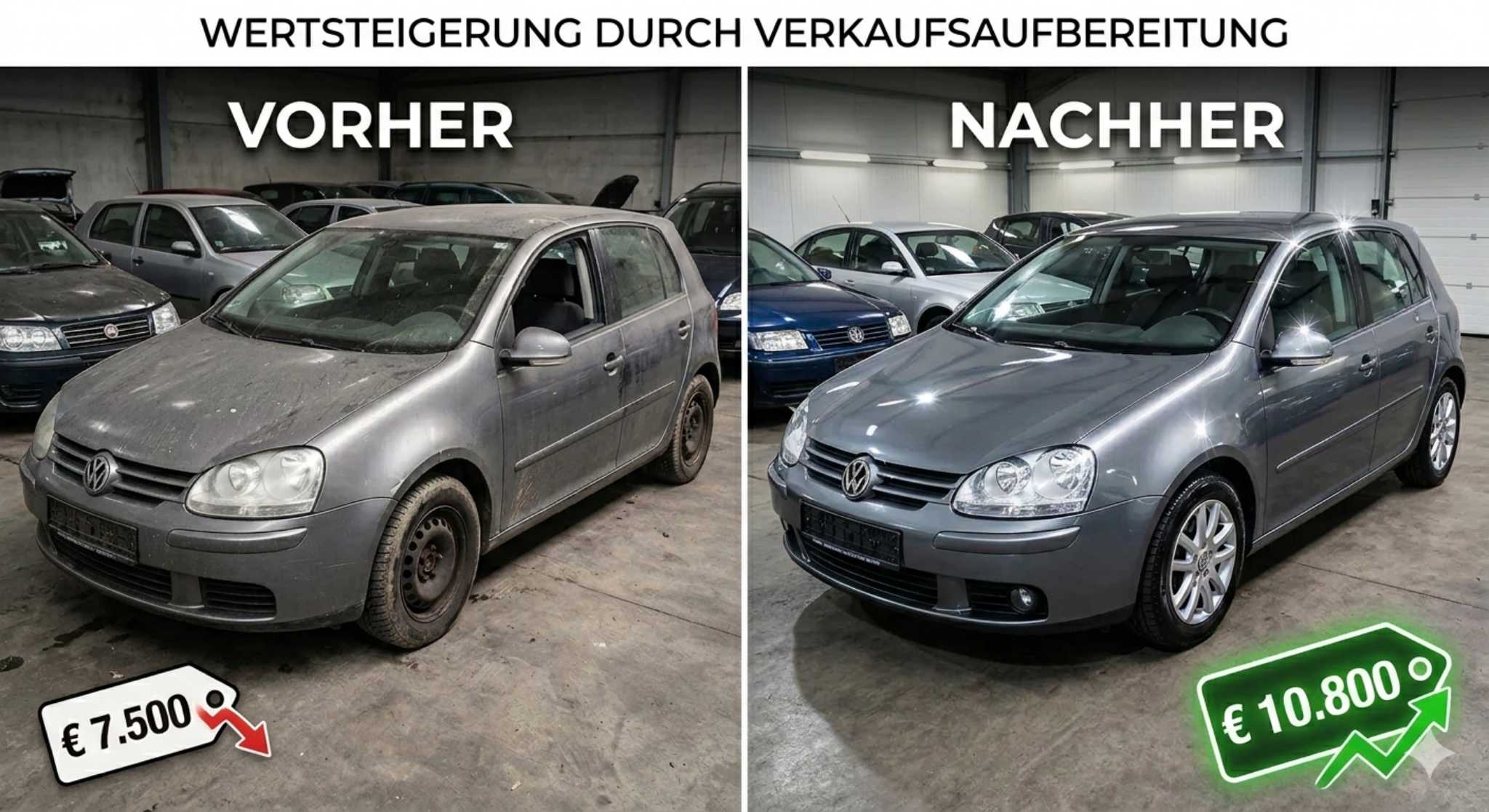 Verkaufsaufbereitung Vorher Zustand und Preis und Nachher Zustand und Preis